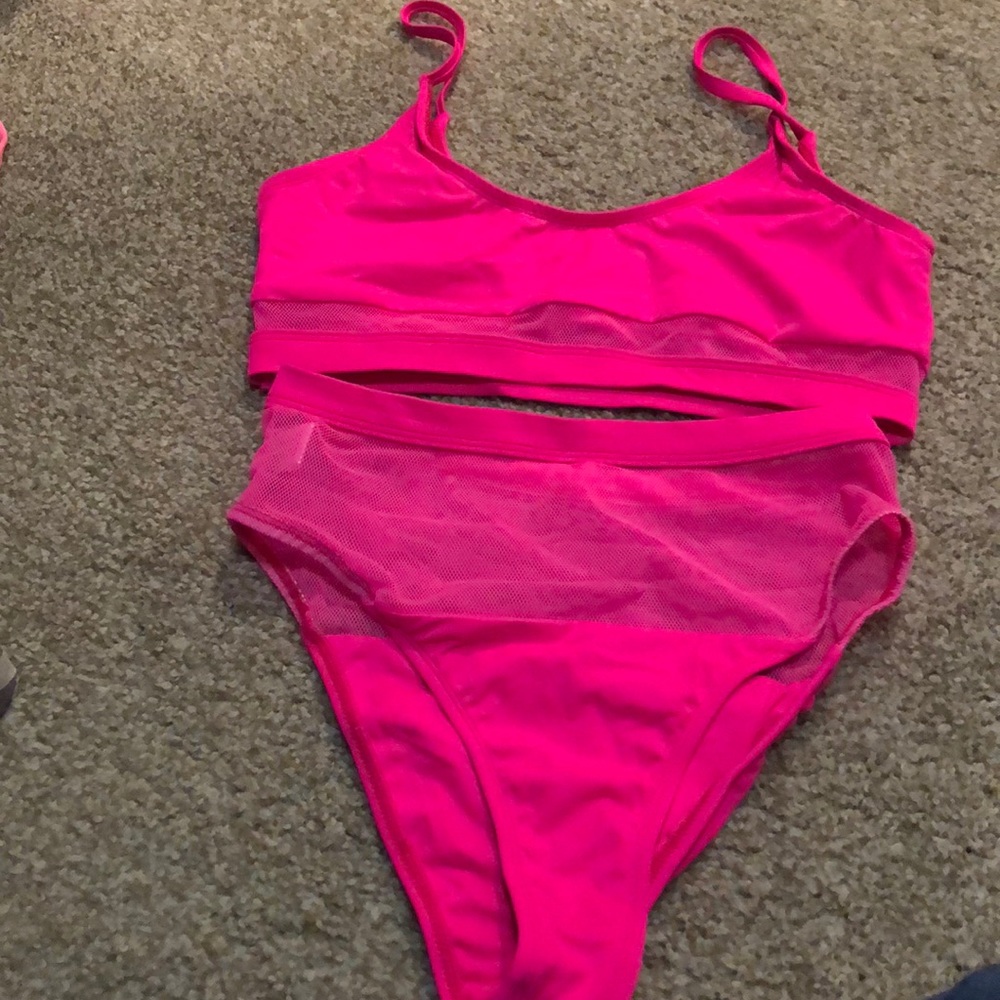 COPY - Neon pink mesh two piece swim suit